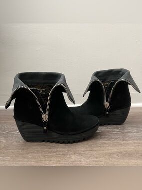 Fly London Yex Black Suede Fold Down Cuff Side Zip Wedge Ankle Boot